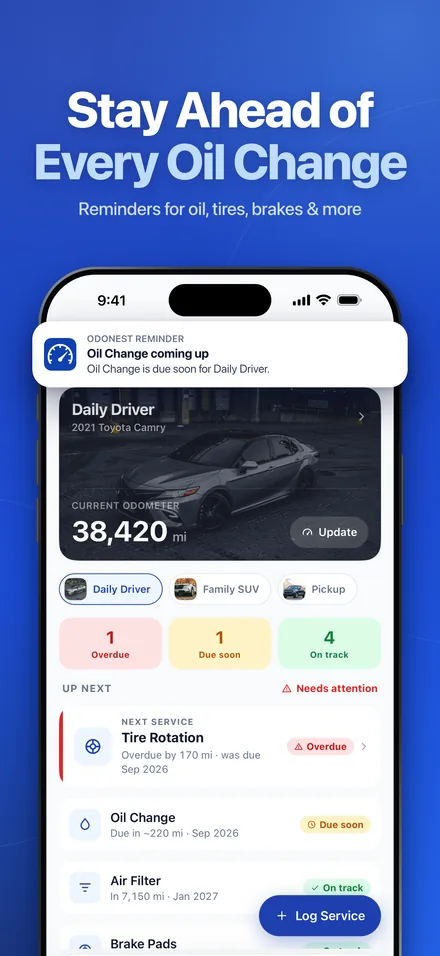 OdoNest home screen with an oil change reminder and overdue, due soon and on track service counts for a 2021 Toyota Camry