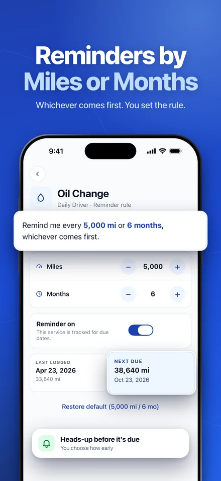 Oil change reminder rule set to every 5,000 miles or 6 months, whichever comes first, with the next due mileage and date