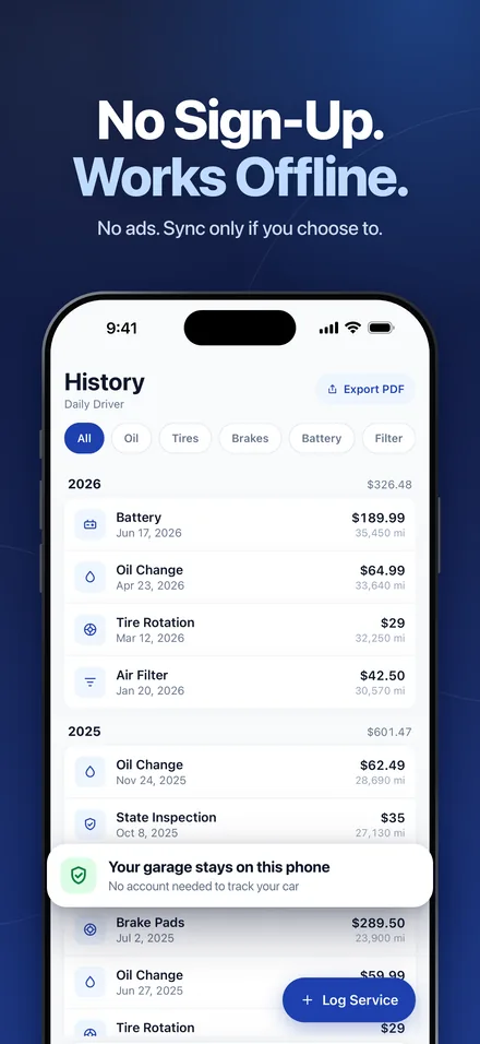 Car service history in OdoNest with the note that your garage stays on your phone and no account is needed