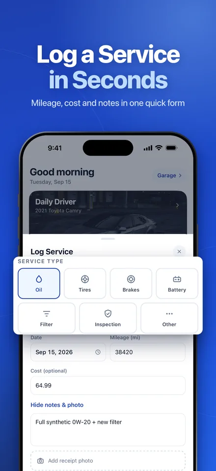 Log Service form in the OdoNest car maintenance log with service type, date, mileage, cost and notes