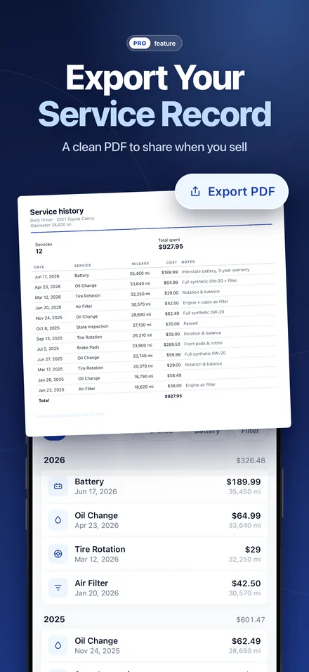 Vehicle service history exported as a PDF service record with OdoNest Pro