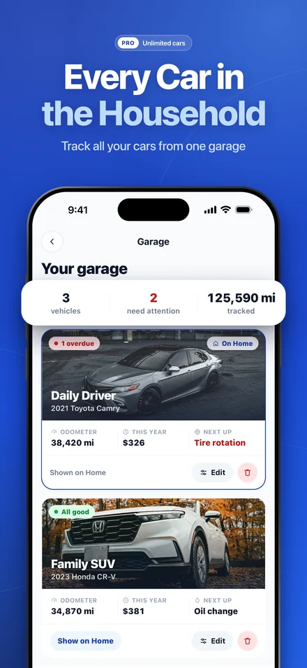 OdoNest Pro garage tracking maintenance for several vehicles, including a Toyota Camry and a Honda CR-V